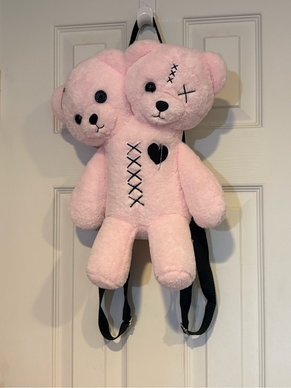 NEW Hot Topic Pink Plush Double-Head Teddy Backpack with Black Stitch Heart NWT
